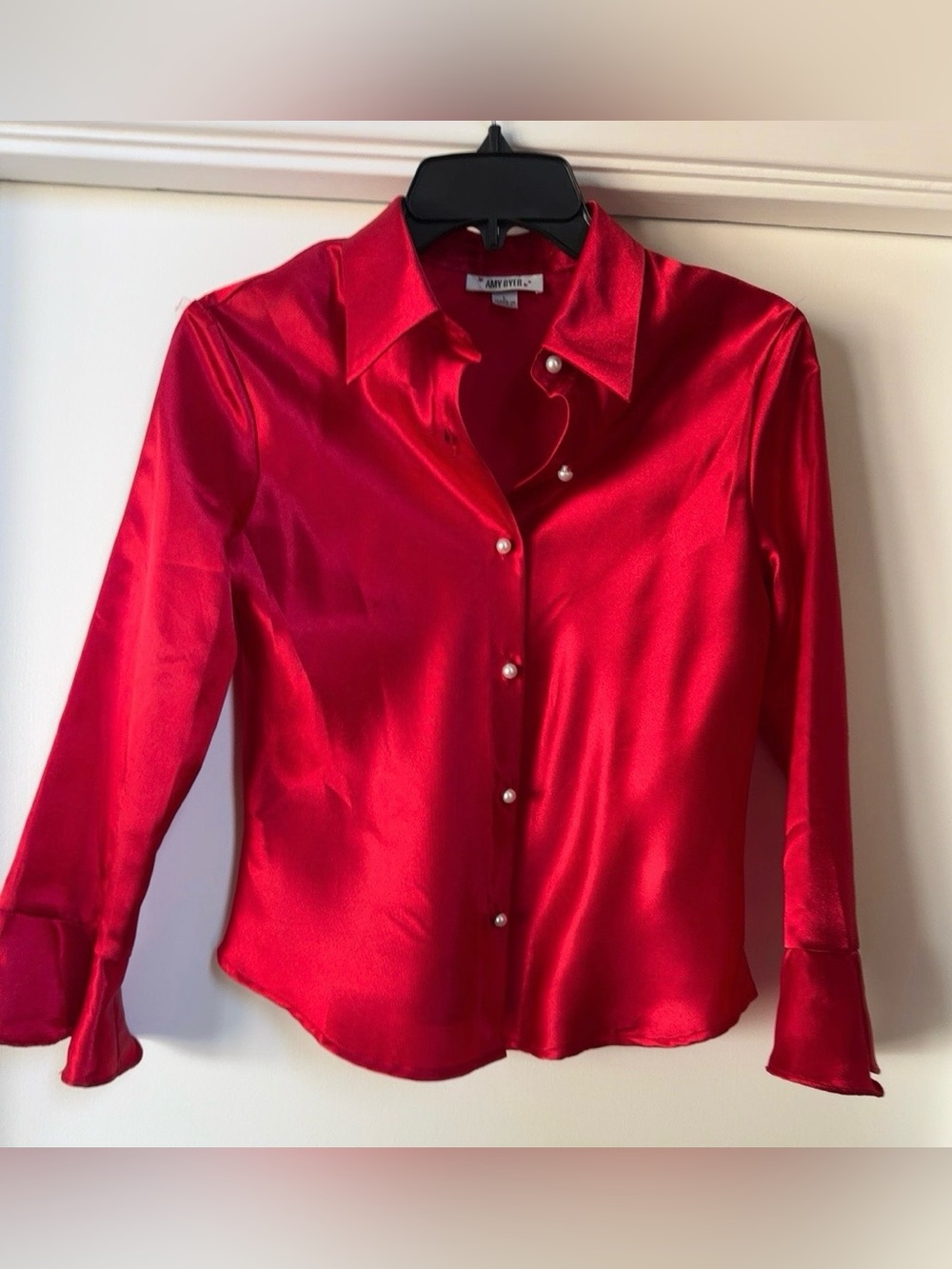 Amy Byer Girls Red Satin Pearl Button Blouse Size L